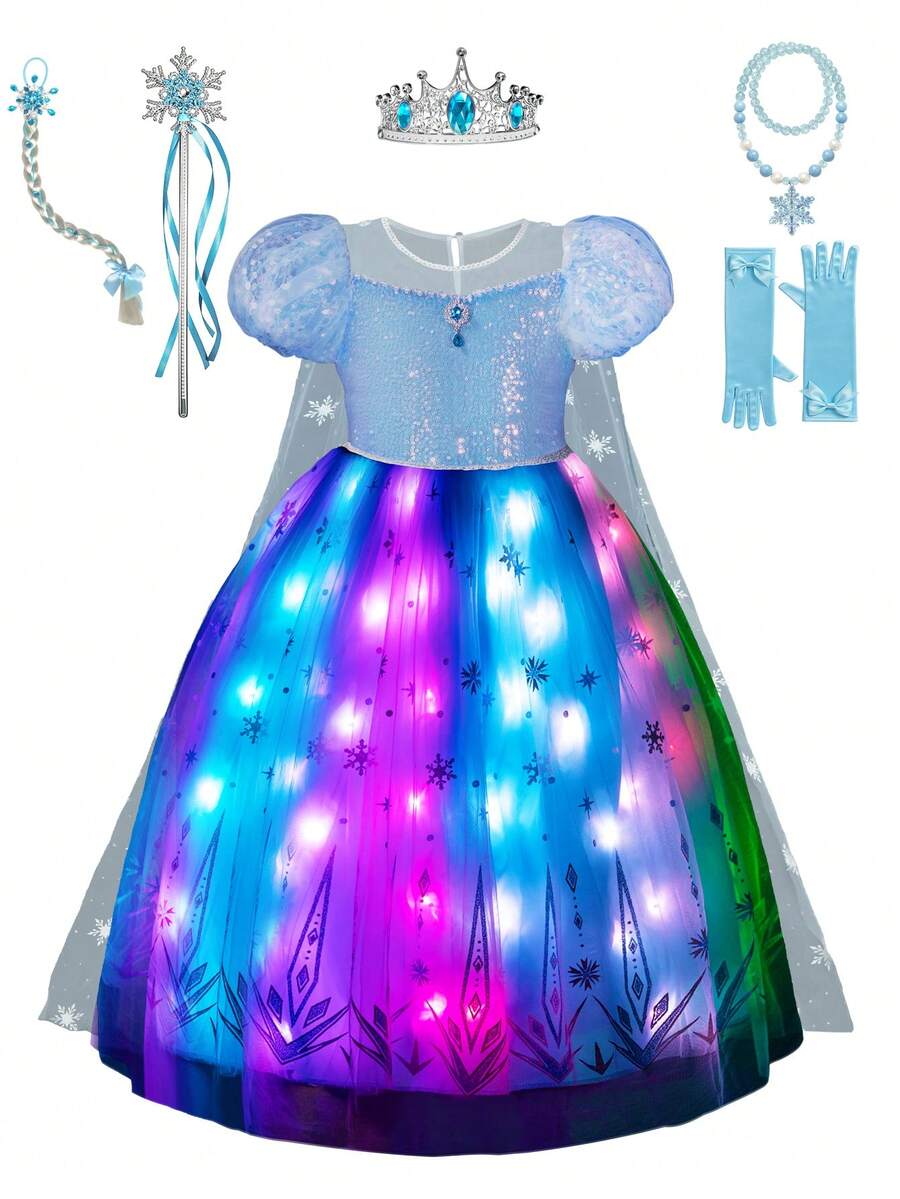 Halloween Costumes For Girls, Light Up Princess Dress With Blue Cape, Kids Party Dress, Syncs With Music, App Remote Control, With Crown, Wand, Wig, Gloves, Necklace For Halloween Cosplay Costume (Battery Not Included)