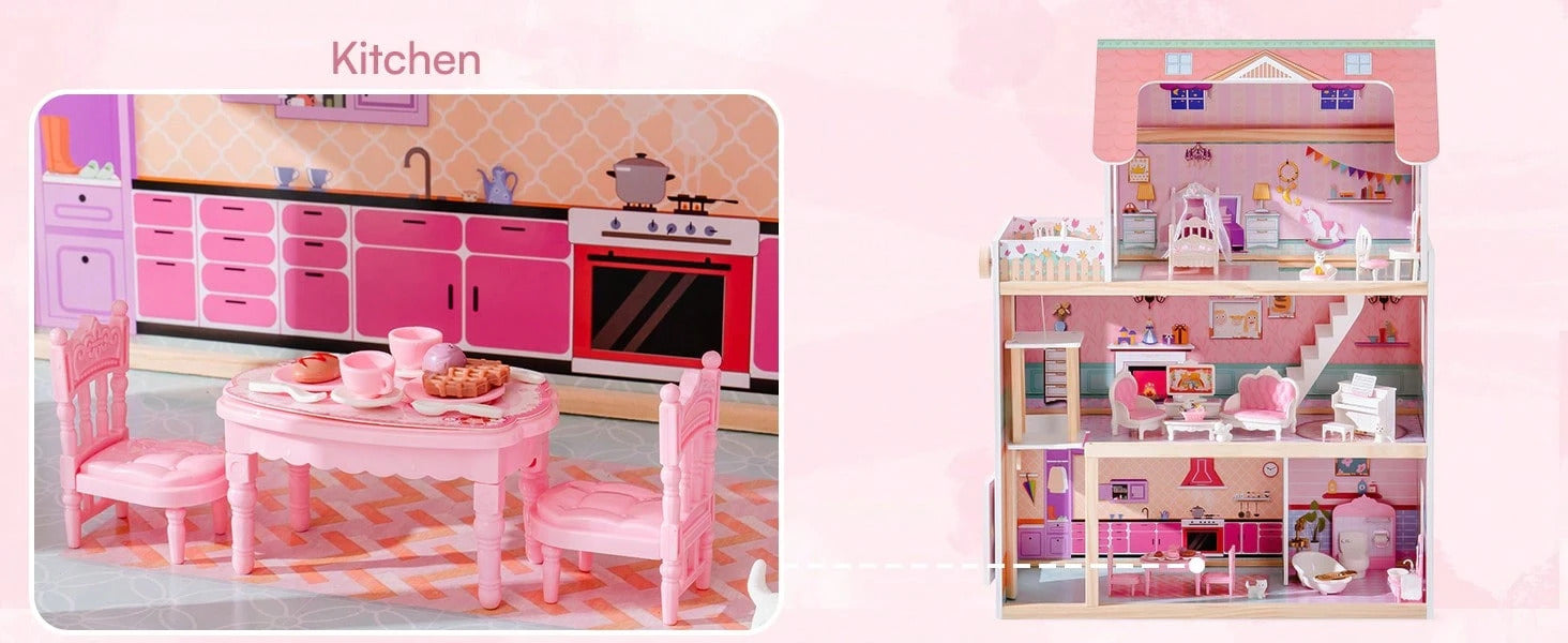 Robotime Robud 3-Story Wooden Dollhouse With Working Elevator - 20PCS Furniture Set, Garage & Accessories - Large Preschool Playhouse For Kids Ages 3+, Ideal Gift For Girls & Boys