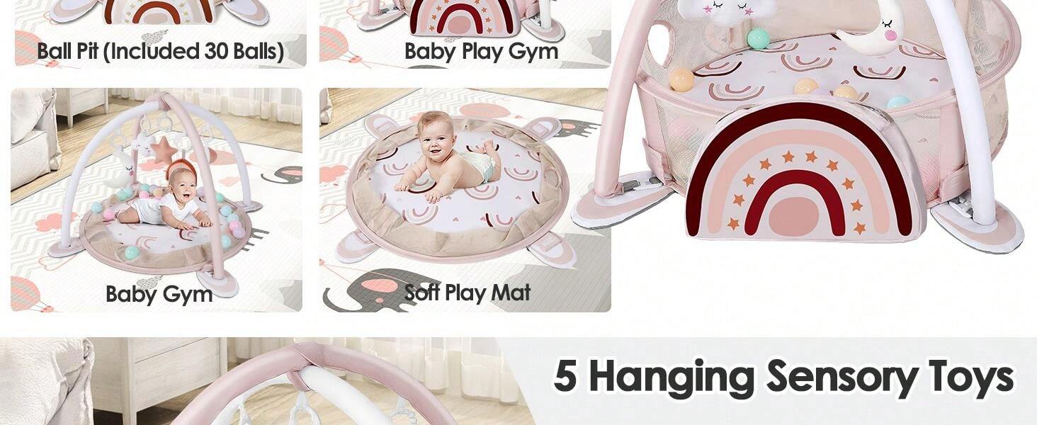4-In-1 Baby Play Mat Baby Gym,Mat For Floor Activity Gym Ball Pit Including 30 Balls With 5 Infant Learning Sensory Baby Toys For Newborn Toddler Boy & Girl Halloween Gifts