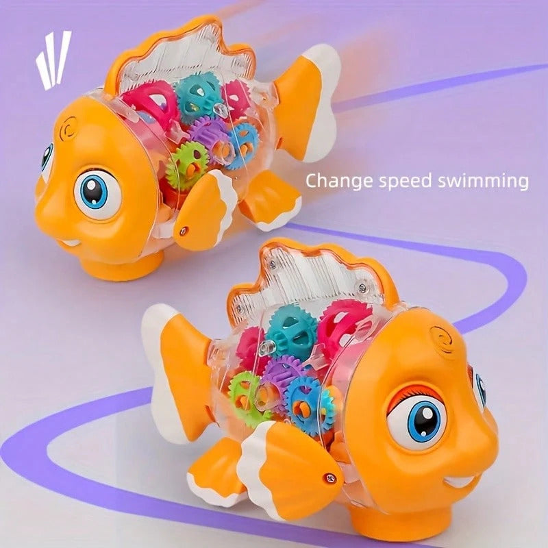 Transparent Electric Gear Gold Fish Toddler Toys With Music & Lights, Baby Toddler Kids Birthday Gifts Gear Goldfish Car Toy Electronic Land Swimming Fish Toy Goldfish Toy Universal Wheel Car Toy With Lights And Music-Eyes, Arms & Tail Can Move
