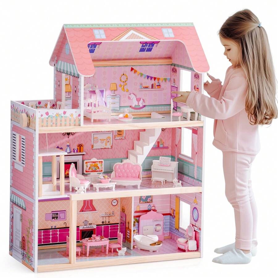 Robotime Robud 3-Story Wooden Dollhouse With Working Elevator - 20PCS Furniture Set, Garage & Accessories - Large Preschool Playhouse For Kids Ages 3+, Ideal Gift For Girls & Boys