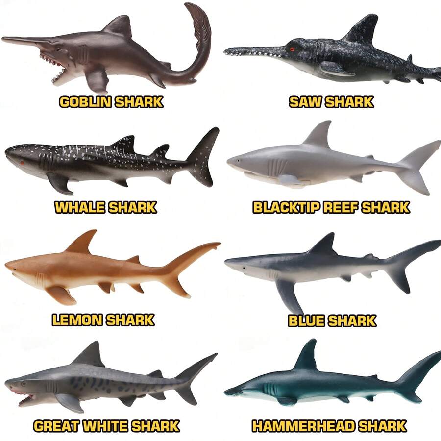 8 Pack Shark Toys With Educational Booklet, Soft Plastic Realistic Shark Figure Set For Kid, Ocean Sea Animal Party Favor, Pool Bath Tub Toy For Toddler Child Boy Girl, Birthday Gift Room Decoration
