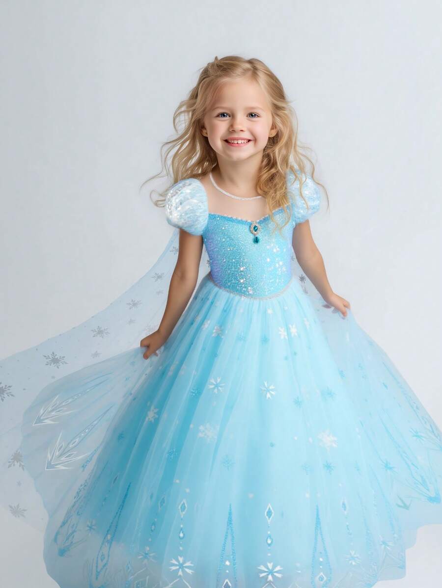 Halloween Costumes For Girls, Light Up Princess Dress With Blue Cape, Kids Party Dress, Syncs With Music, App Remote Control, With Crown, Wand, Wig, Gloves, Necklace For Halloween Cosplay Costume (Battery Not Included)