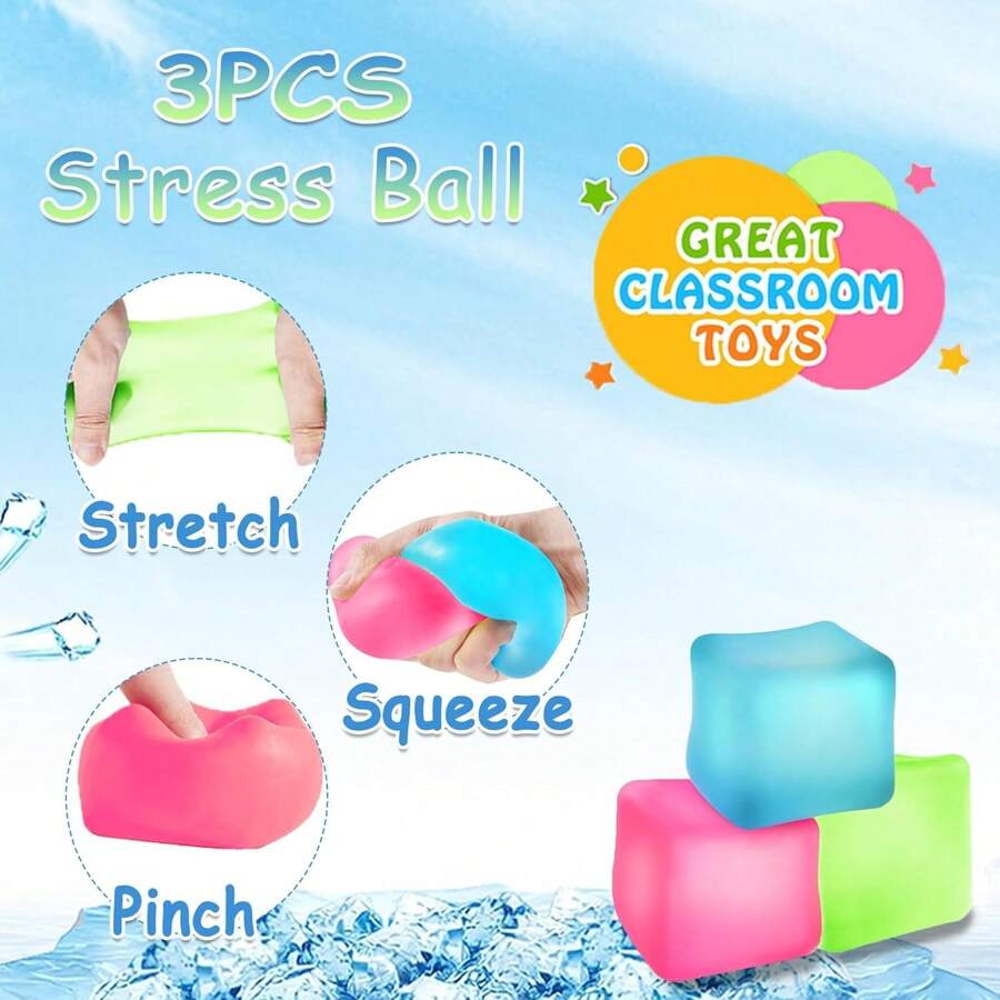 Three Pressure Cubes, Soft Pressure Balls, Adult Ice Cube Pressure Balls, Squeezing Cubes To Relieve Anxiety, Sensory Irritability Toys (Blue, Green, Pink)