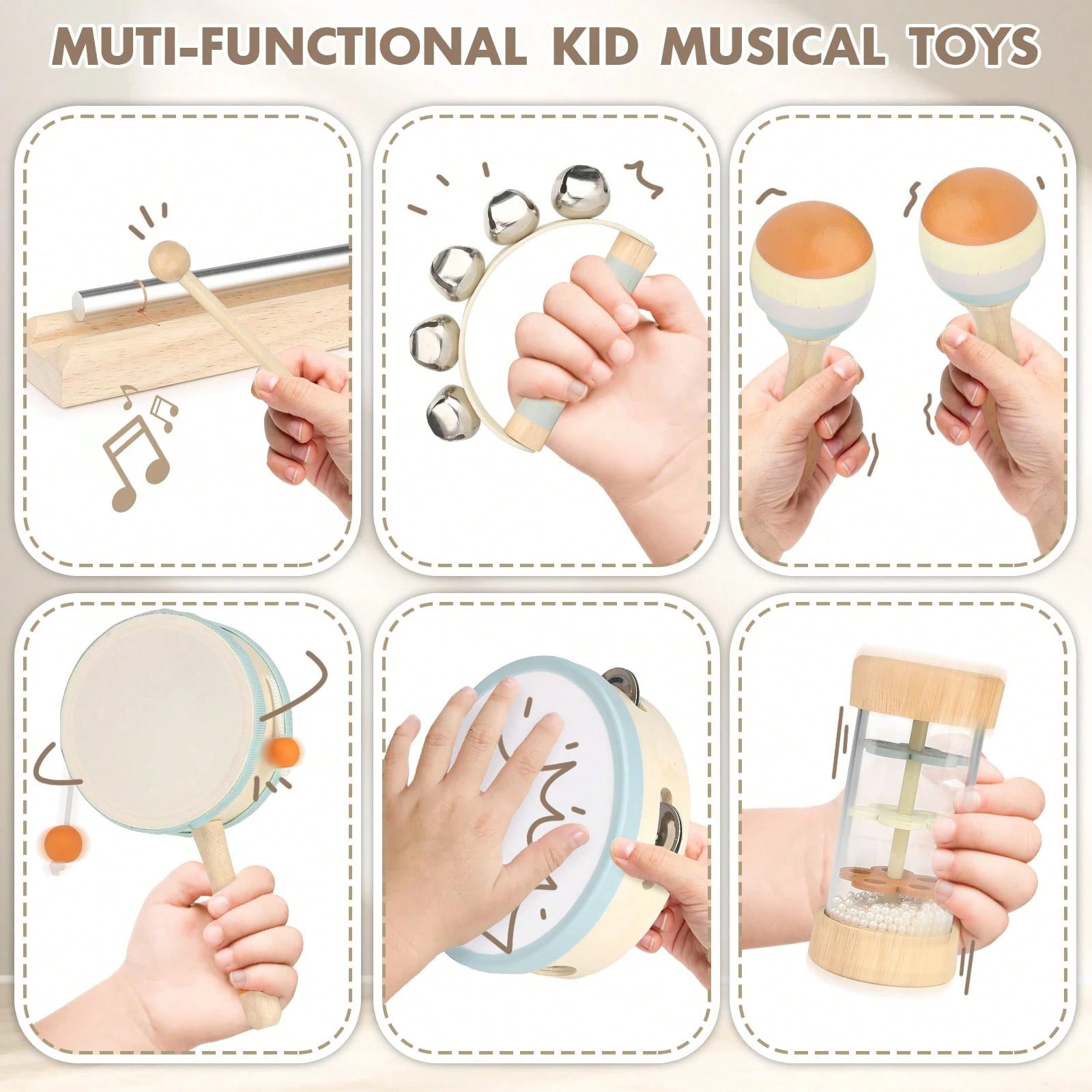 Wooden Musical Toys - 1st Birthday Easter Gifts For Boys And Girls - Montessori Sensory Toy For Babies 18 Months+ With Drum/Tambourine/Sand Balls