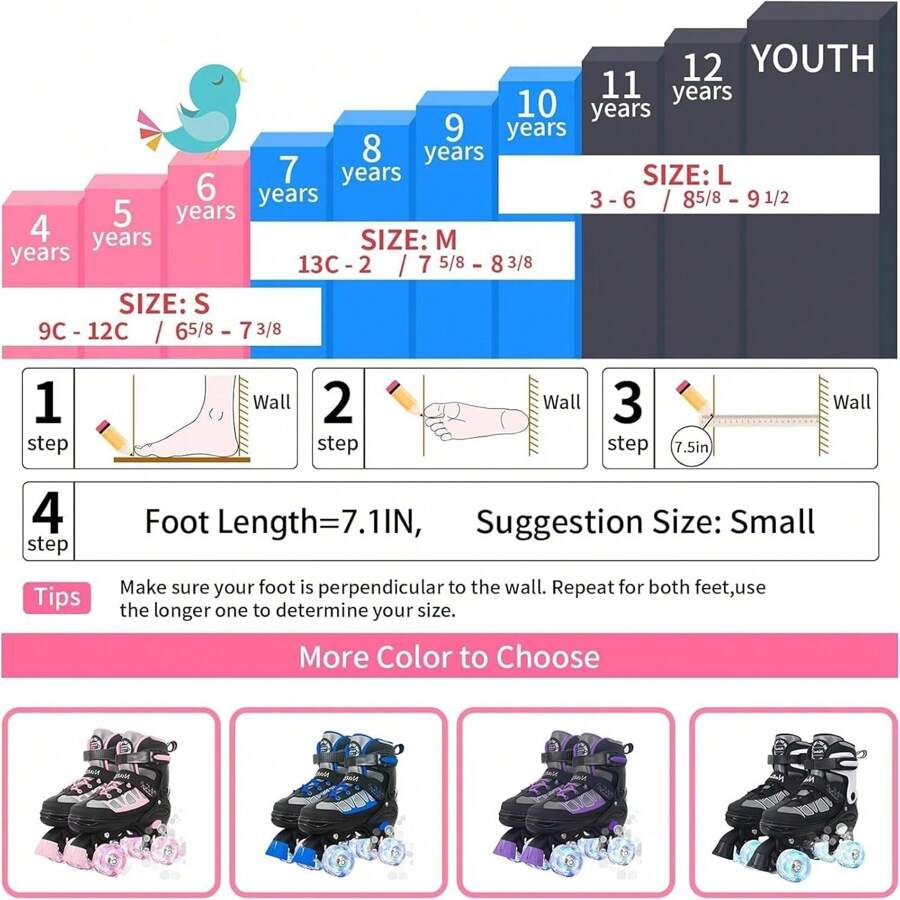 Roller Skates For Kids Boys Girls, Adjustable Quad Skates With Light Up Wheels For Toddler Little Kids Ages 6-12, Beginners Outdoor Sports