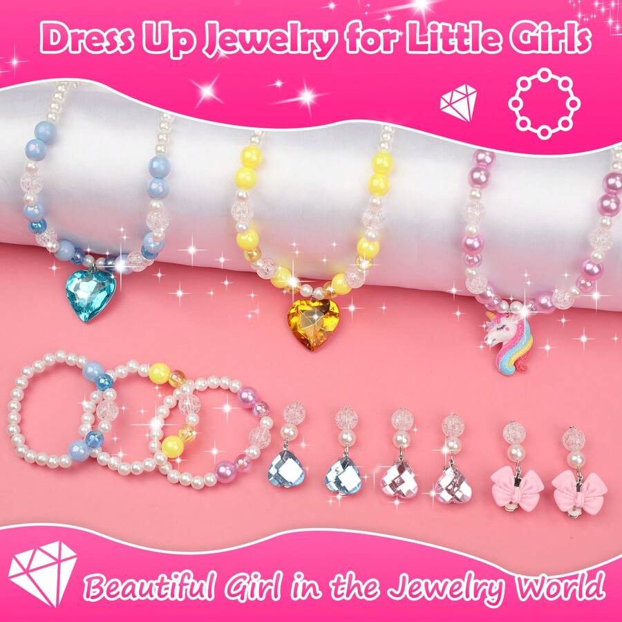 Kids Jewelry Toys For Girls Ages 3 4 5 6 7 8 9 10, Toddler Dress Up Play Jewelry Set, Princess Jewelry With Hair Clips & Hair Ties, Christmas Birthday Gifts For Girls 3-12 Years Old