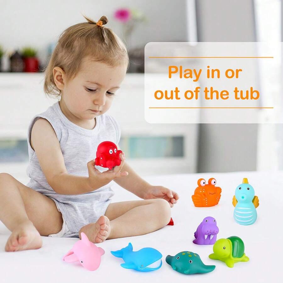 Bath Toy, Mold Free Bathtub Toys for Infants Toddlers, 8PCS No Holes Ocean Sea Animal Baby Bath Toys, Soft Bath Tub Toys