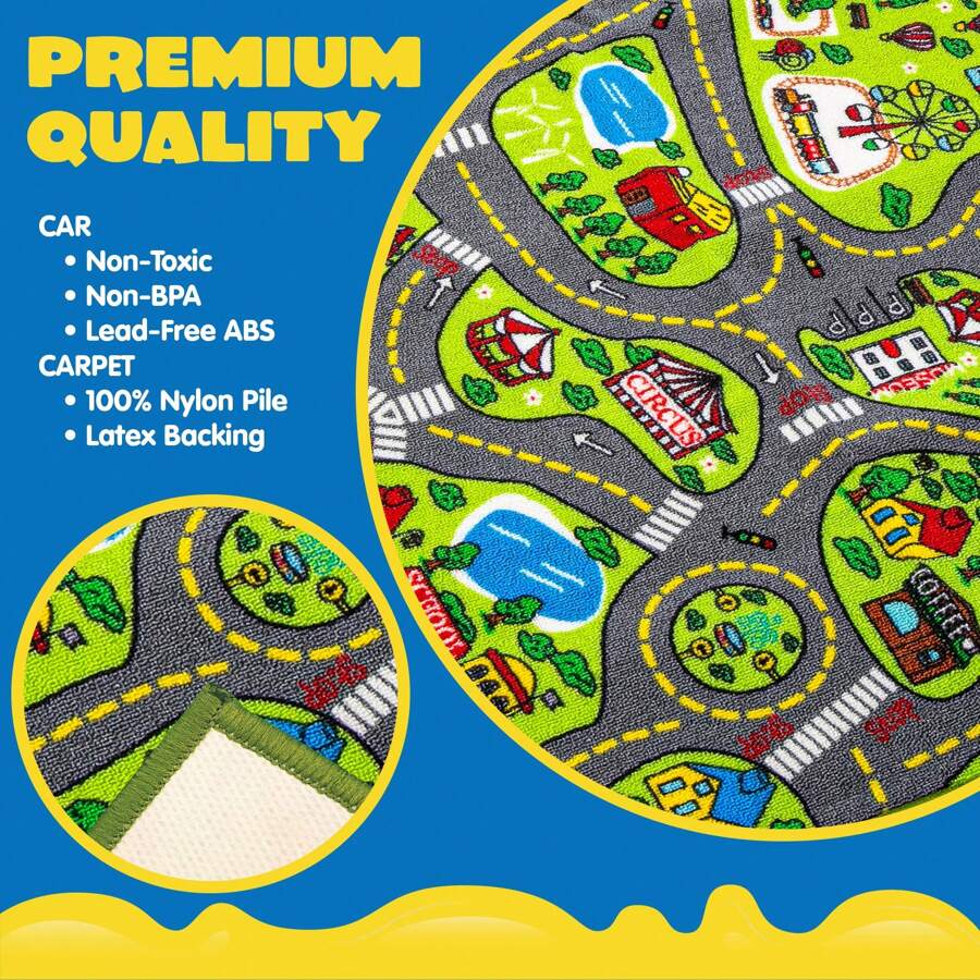 Kids Play Rugs - 12 Pull-Back Vehicle Set - Durable Carpet Playmat Rug - City Pretend Play - Toddler Car Track Rug