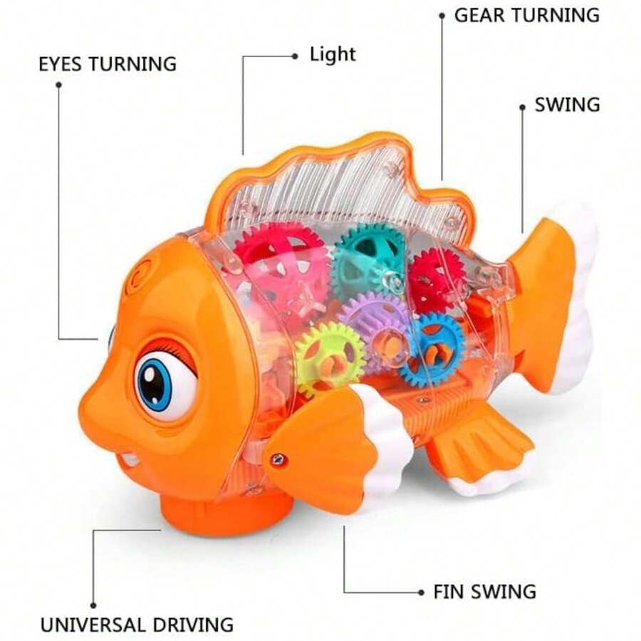 Transparent Electric Gear Gold Fish Toddler Toys With Music & Lights, Baby Toddler Kids Birthday Gifts Gear Goldfish Car Toy Electronic Land Swimming Fish Toy Goldfish Toy Universal Wheel Car Toy With Lights And Music-Eyes, Arms & Tail Can Move