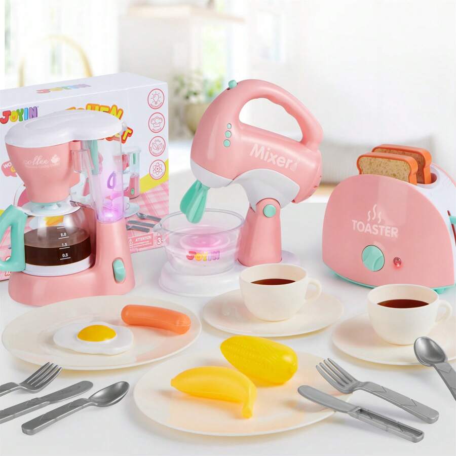 Play Kitchen Toys, Pretend Play Kitchen Appliances Toy Set With Coffee Maker, Mixer, Toaster With Realistic Lights& Sounds, Birthday Gift For Kids Ages 3+, Pink