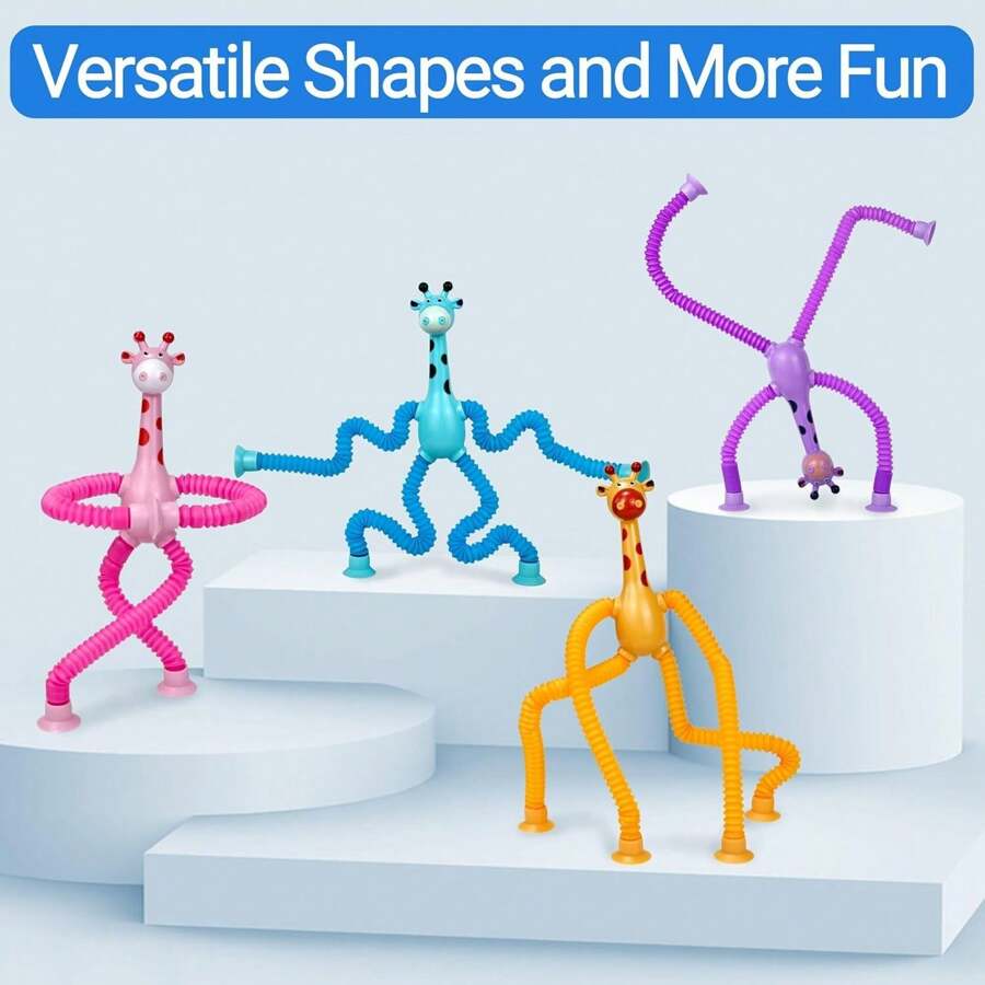 4 Pcs Telescopic Suction Cup Giraffe Toy, Funny Pop Tubes Sensory Toy For Toddlers, Educational Fidget Toys For Anxiety Kids For 3 4 5 6 7 8 9 Year Old Boys Girls