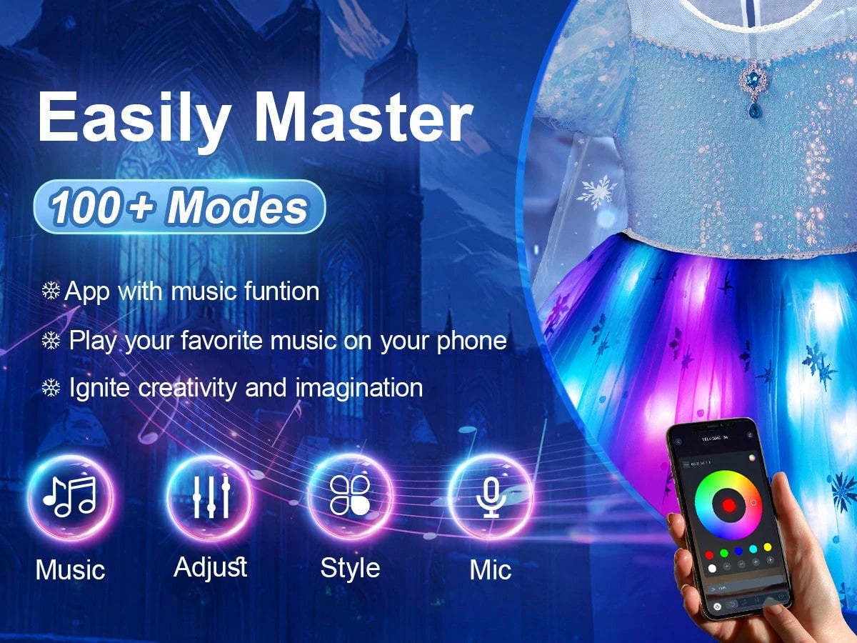 Halloween Costumes For Girls, Light Up Princess Dress With Blue Cape, Kids Party Dress, Syncs With Music, App Remote Control, With Crown, Wand, Wig, Gloves, Necklace For Halloween Cosplay Costume (Battery Not Included)