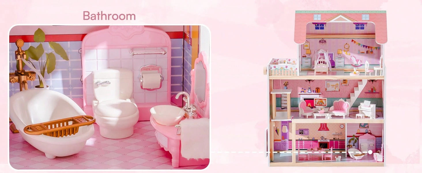 Robotime Robud 3-Story Wooden Dollhouse With Working Elevator - 20PCS Furniture Set, Garage & Accessories - Large Preschool Playhouse For Kids Ages 3+, Ideal Gift For Girls & Boys