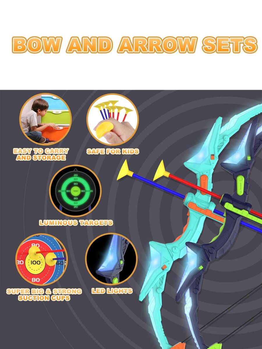 2 Pack Kids Bow And Arrow Set With LED Flash Lights, 14 Suction Cup Arrows And Fluorescence Standing Target-Perfect Indoor And Outdoor Archery Set Toy Gift For Boys And Girls Ages 4-12