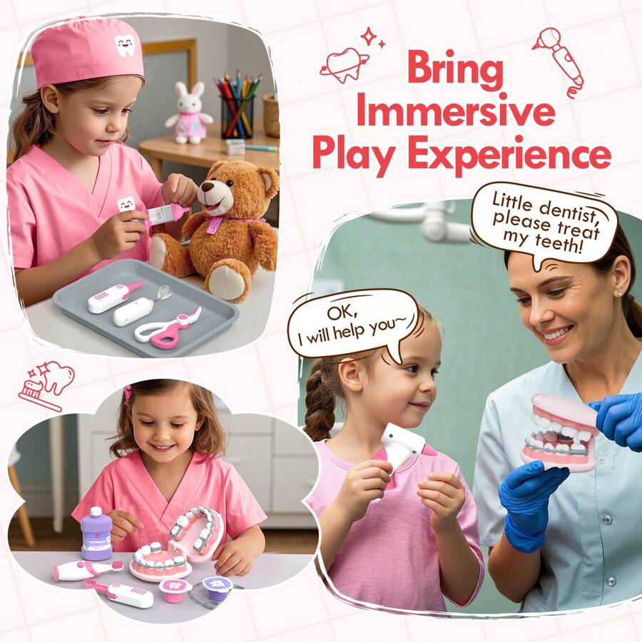 Doctor Kit For Kids, Dentist Playset, Pretend Doctor Kit Dentist Medical Kit With Electronic Stethoscope Toys For 2 3 4 5 6 Year Old Kids - Pink