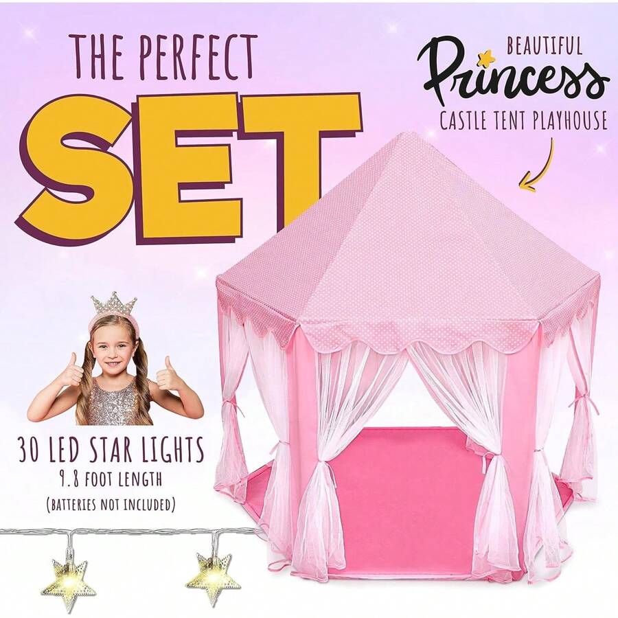 Princess Castle Playhouse Tent Forgirls With LED Star Lights – Indoor & Outdoor Large Play Tent For Imaginative Games – ASTM Certified, 230 Polyester Taffeta. Pink 55"X53"Kids Tent,Tent For Kids,Tent