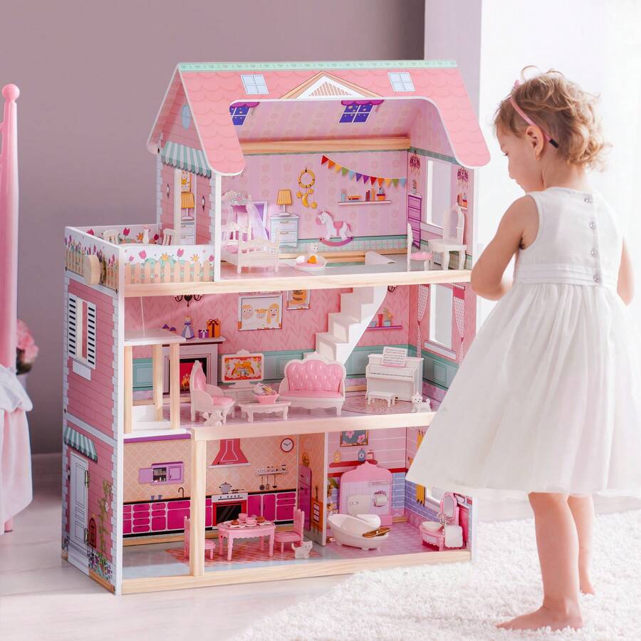 Robotime Robud 3-Story Wooden Dollhouse With Working Elevator - 20PCS Furniture Set, Garage & Accessories - Large Preschool Playhouse For Kids Ages 3+, Ideal Gift For Girls & Boys