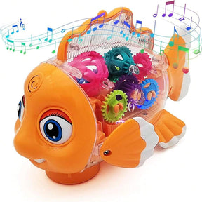 Transparent Electric Gear Gold Fish Toddler Toys With Music & Lights, Baby Toddler Kids Birthday Gifts Gear Goldfish Car Toy Electronic Land Swimming Fish Toy Goldfish Toy Universal Wheel Car Toy With Lights And Music-Eyes, Arms & Tail Can Move