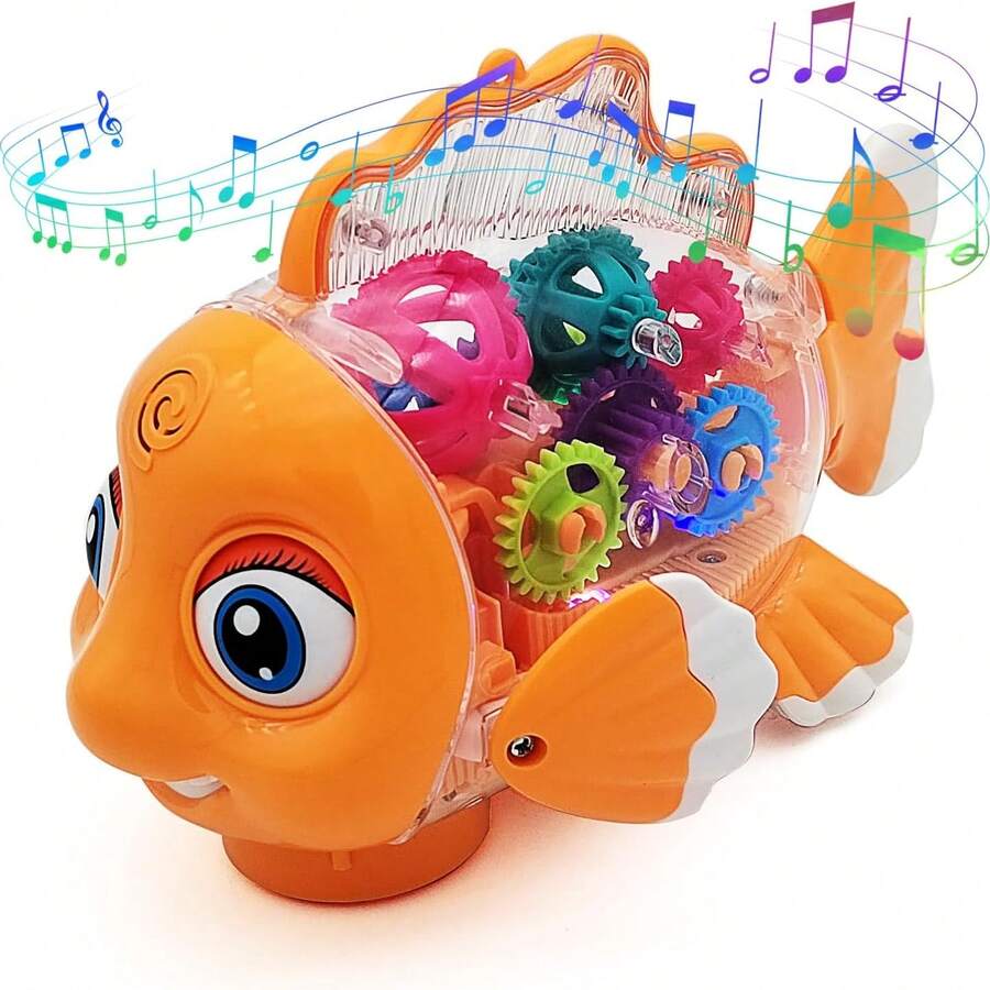 Transparent Electric Gear Gold Fish Toddler Toys With Music & Lights, Baby Toddler Kids Birthday Gifts Gear Goldfish Car Toy Electronic Land Swimming Fish Toy Goldfish Toy Universal Wheel Car Toy With Lights And Music-Eyes, Arms & Tail Can Move