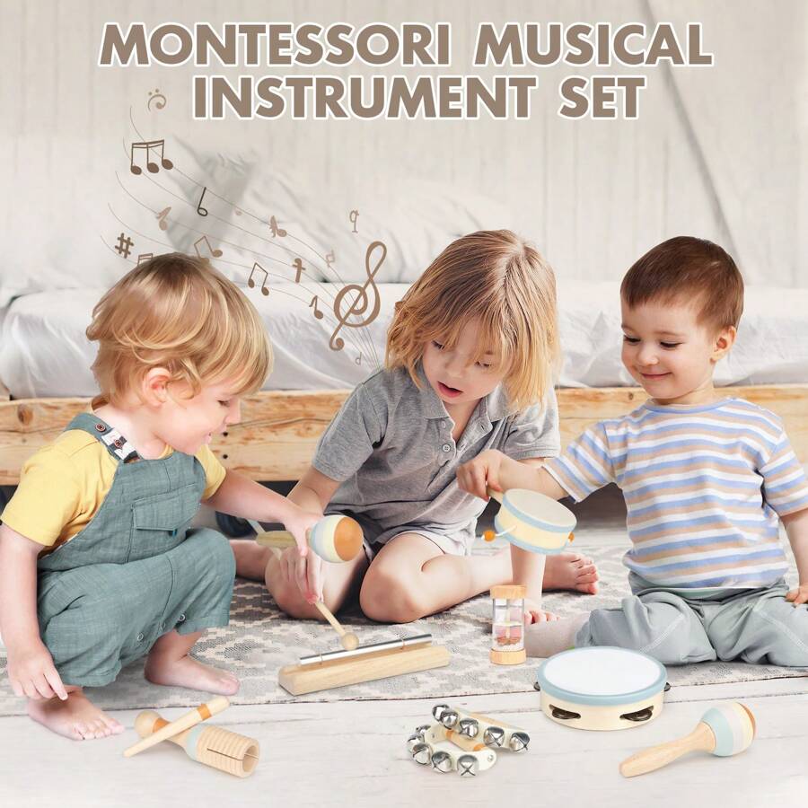 Wooden Musical Toys - 1st Birthday Easter Gifts For Boys And Girls - Montessori Sensory Toy For Babies 18 Months+ With Drum/Tambourine/Sand Balls