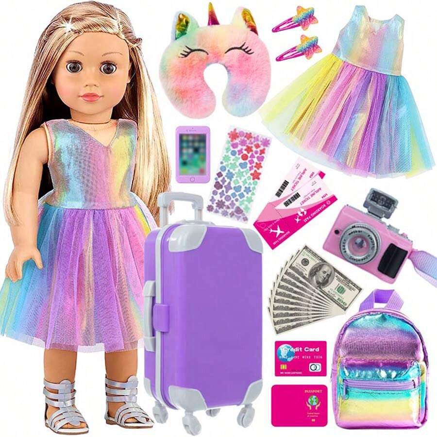 16-18" Faux Doll Reborn Doll Clothing Accessories Colorful Veil Skirt Luggage Camera U Pillow Small Backpack Stickers Cell Phone Airline Ticket Credit Card Passport US Dollar Pentagram Hair Card Perfect Gift For Babies! Christmas Birthday Gifts Baby