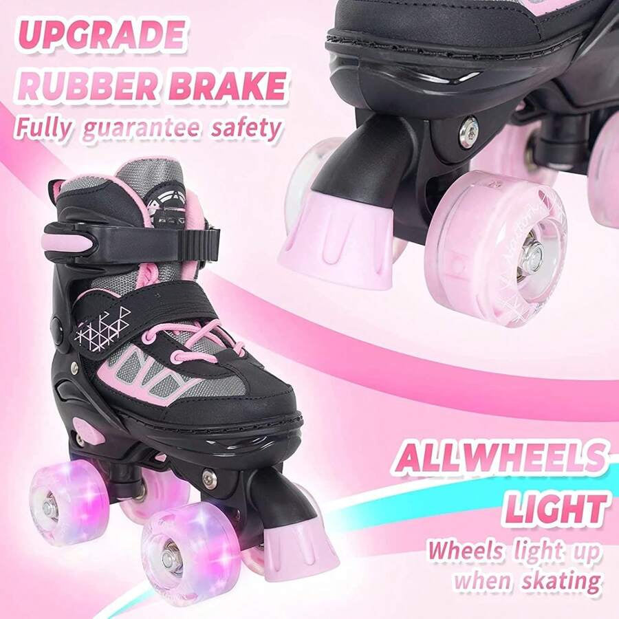 Roller Skates For Kids Boys Girls, Adjustable Quad Skates With Light Up Wheels For Toddler Little Kids Ages 6-12, Beginners Outdoor Sports