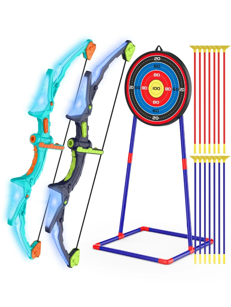 2 Pack Kids Bow And Arrow Set With LED Flash Lights, 14 Suction Cup Arrows And Fluorescence Standing Target-Perfect Indoor And Outdoor Archery Set Toy Gift For Boys And Girls Ages 4-12