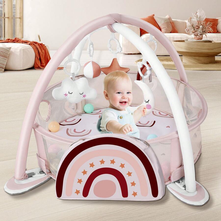 4-In-1 Baby Play Mat Baby Gym,Mat For Floor Activity Gym Ball Pit Including 30 Balls With 5 Infant Learning Sensory Baby Toys For Newborn Toddler Boy & Girl Halloween Gifts