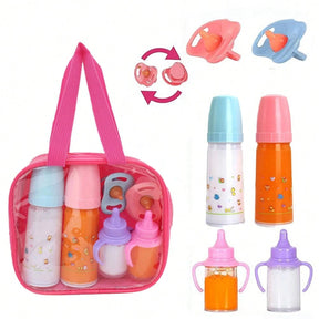 7-In-1, Bottled With Two Large Milk And Orange Juice Bottles, Two Small Milk And Orange Juice Cans, And Two Blue And Orange Pacifiers, Suitable For Reborn Dolls Around 40 Centimeters In Size
