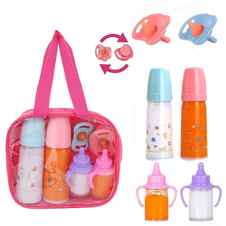 7-In-1, Bottled With Two Large Milk And Orange Juice Bottles, Two Small Milk And Orange Juice Cans, And Two Blue And Orange Pacifiers, Suitable For Reborn Dolls Around 40 Centimeters In Size