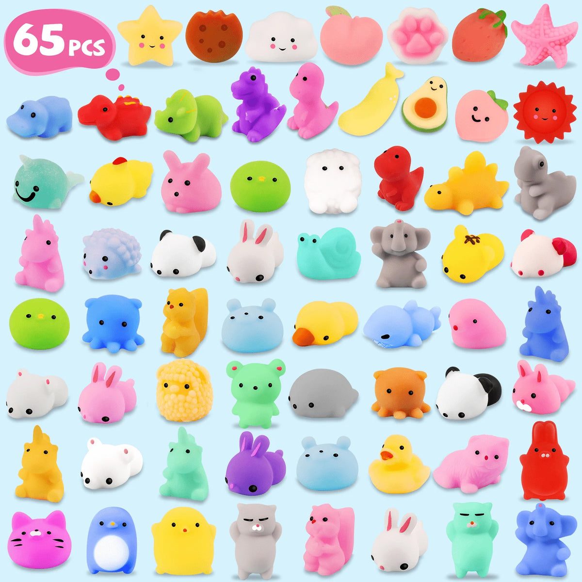 65Pcs Squishy Toys For Kids, Mini Kawaii Mochi Squishies Party Favors, Cute Animal Stress Relief Toys, Classroom Prizes, Christmas Goodie Bag Fillers, Birthday Gifts, Desk Decorations