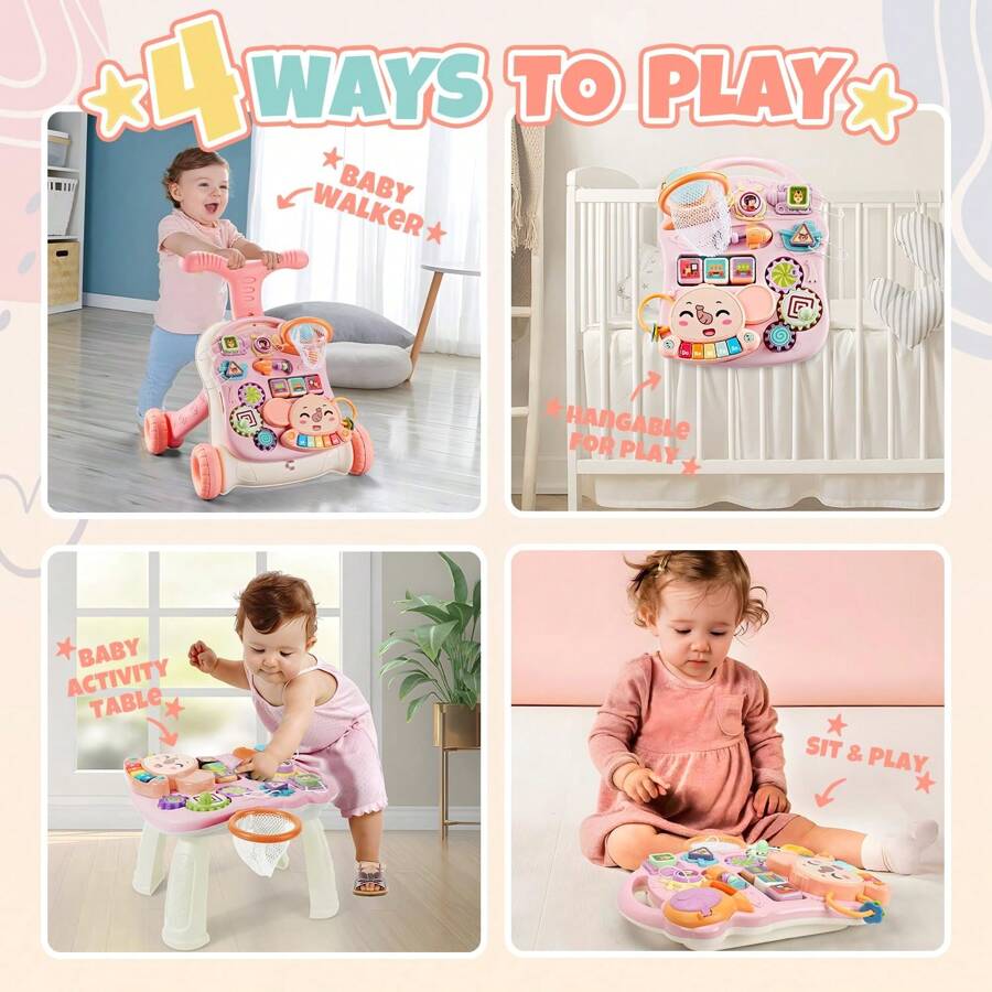3 In 1 Baby Walker And Activity Center For Baby Girl,Toddler, Learning To Walk, Sit To Stand, Early Learning Push Toys For Infant 6-12 Months Pink