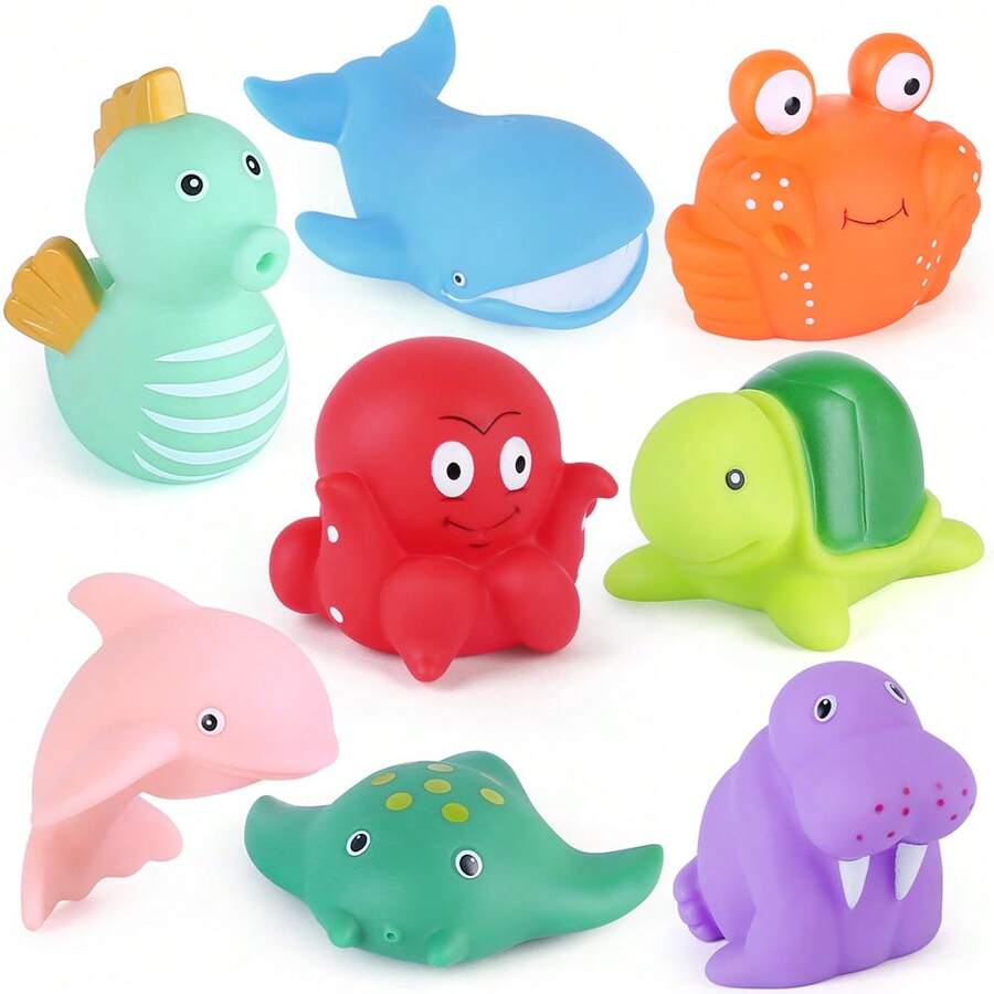 Bath Toy, Mold Free Bathtub Toys for Infants Toddlers, 8PCS No Holes Ocean Sea Animal Baby Bath Toys, Soft Bath Tub Toys