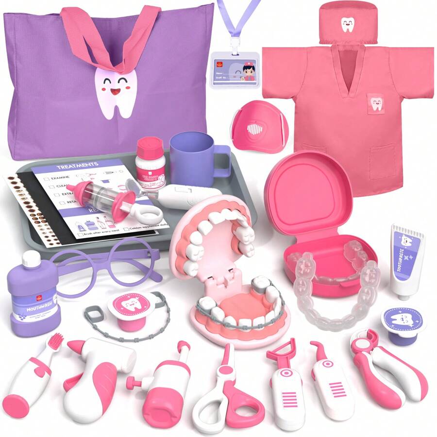 Doctor Kit For Kids, Dentist Playset, Pretend Doctor Kit Dentist Medical Kit With Electronic Stethoscope Toys For 2 3 4 5 6 Year Old Kids - Pink