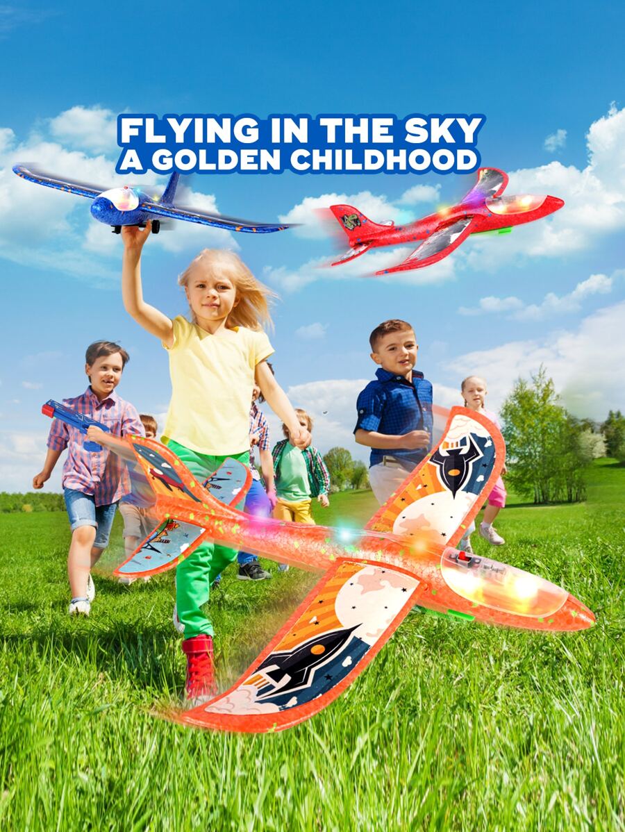 3 Pack Airplane Launcher Toy, 12.6" Foam Airplane Led Plane, 2 Flight Mode Catapult Plane Boy Toys With 3 DIY Stickers, Outdoor Flying Toys For Kids Gifts For 4 5 6 7 8 9 10 12 Year Old Boys Girls