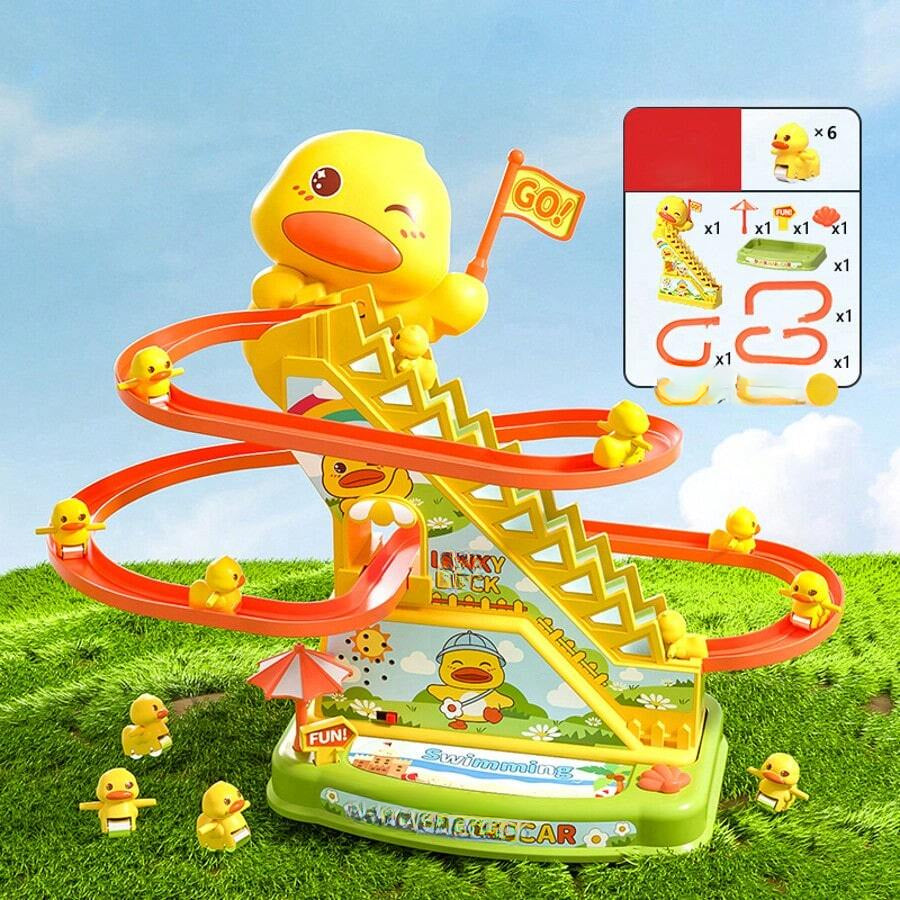Small Duck Climbing Stairs Duck Roller Kids Toys, Electric Automatic Track Slide Stairs Coaster Toys With 6 Duck For Kids, Indoor Toy With Led Flashing Lights Small Duck Slide Toy For 3-8 Kids Birthday Gifts Boys Girls