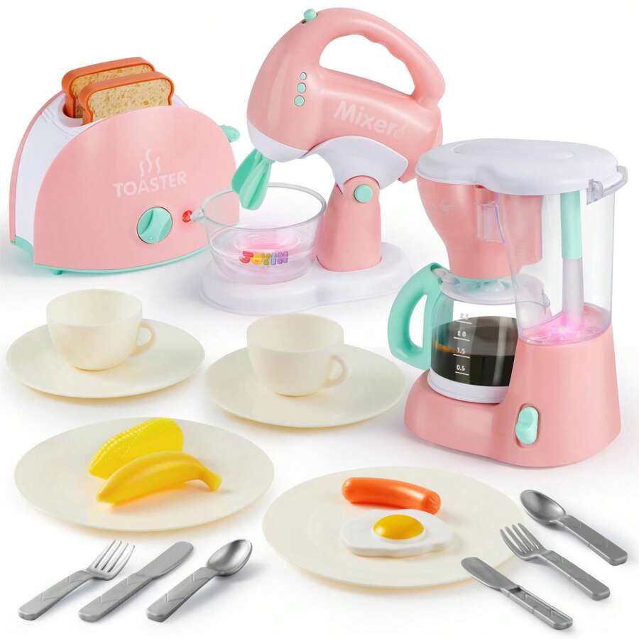 Play Kitchen Toys, Pretend Play Kitchen Appliances Toy Set With Coffee Maker, Mixer, Toaster With Realistic Lights& Sounds, Birthday Gift For Kids Ages 3+, Pink