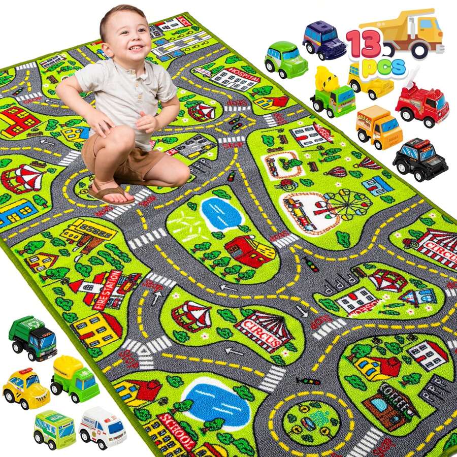 Kids Play Rugs - 12 Pull-Back Vehicle Set - Durable Carpet Playmat Rug - City Pretend Play - Toddler Car Track Rug