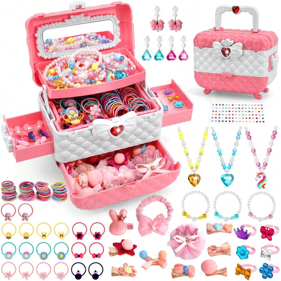 Kids Jewelry Toys For Girls Ages 3 4 5 6 7 8 9 10, Toddler Dress Up Play Jewelry Set, Princess Jewelry With Hair Clips & Hair Ties, Christmas Birthday Gifts For Girls 3-12 Years Old