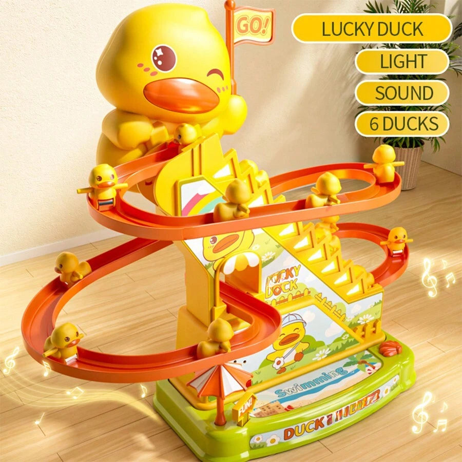 Small Duck Climbing Stairs Duck Roller Kids Toys, Electric Automatic Track Slide Stairs Coaster Toys With 6 Duck For Kids, Indoor Toy With Led Flashing Lights Small Duck Slide Toy For 3-8 Kids Birthday Gifts Boys Girls