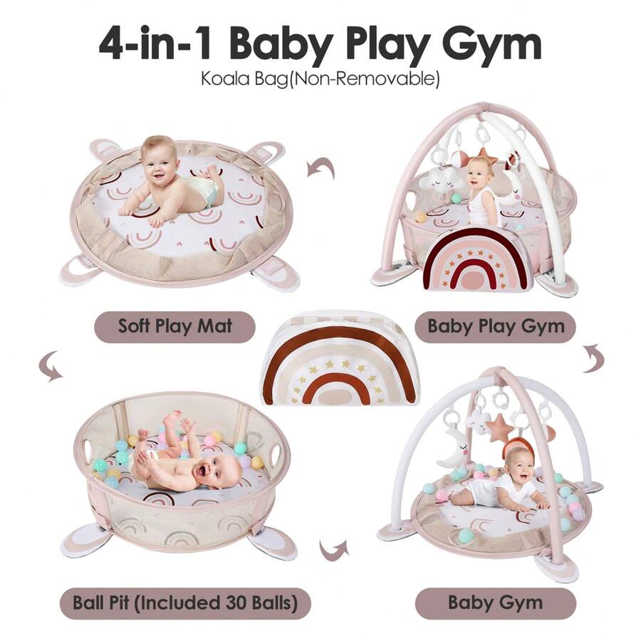 4-In-1 Baby Play Mat Baby Gym,Mat For Floor Activity Gym Ball Pit Including 30 Balls With 5 Infant Learning Sensory Baby Toys For Newborn Toddler Boy & Girl Halloween Gifts
