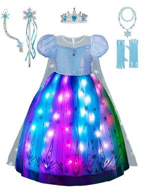 Halloween Costumes For Girls, Light Up Princess Dress With Blue Cape, Kids Party Dress, Syncs With Music, App Remote Control, With Crown, Wand, Wig, Gloves, Necklace For Halloween Cosplay Costume (Battery Not Included)