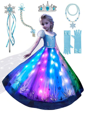 Halloween Costumes For Girls, Light Up Princess Dress With Blue Cape, Kids Party Dress, Syncs With Music, App Remote Control, With Crown, Wand, Wig, Gloves, Necklace For Halloween Cosplay Costume (Battery Not Included)
