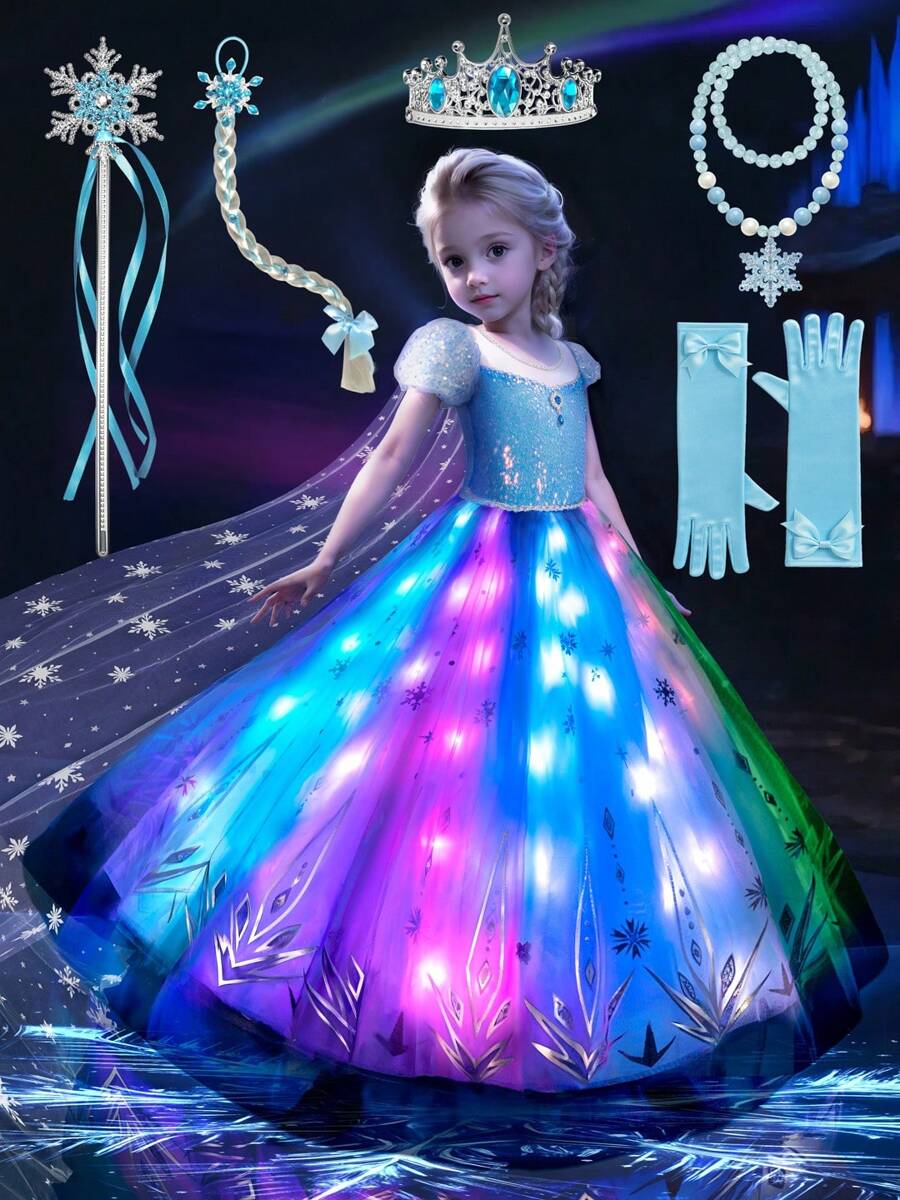 Halloween Costumes For Girls, Light Up Princess Dress With Blue Cape, Kids Party Dress, Syncs With Music, App Remote Control, With Crown, Wand, Wig, Gloves, Necklace For Halloween Cosplay Costume (Battery Not Included)