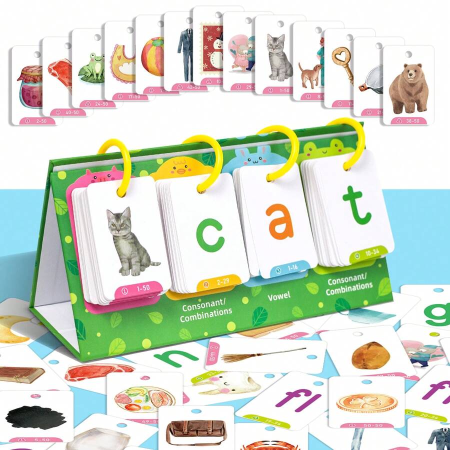 Word Flip Charts Double-Sided Desktop Chart Card Set - Interactive Spelling Game, Word Building Cards, Educational Spelling Toy, Literacy Learning Card, Classroom Educational Toys For Kids