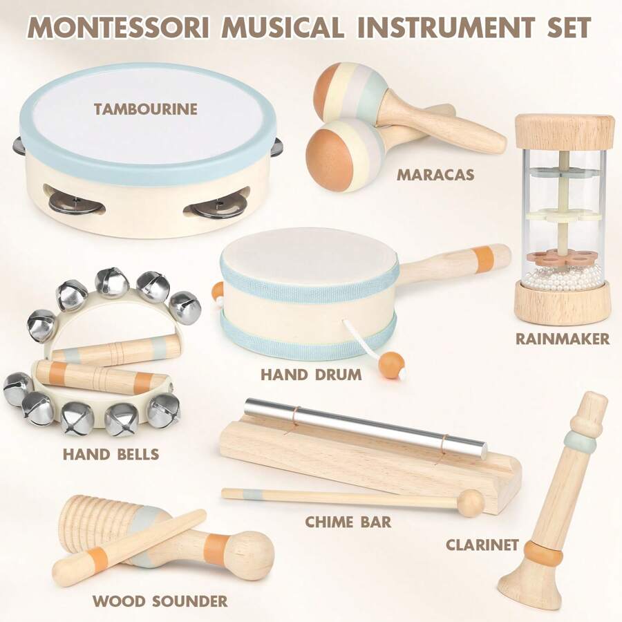 Wooden Musical Toys - 1st Birthday Easter Gifts For Boys And Girls - Montessori Sensory Toy For Babies 18 Months+ With Drum/Tambourine/Sand Balls