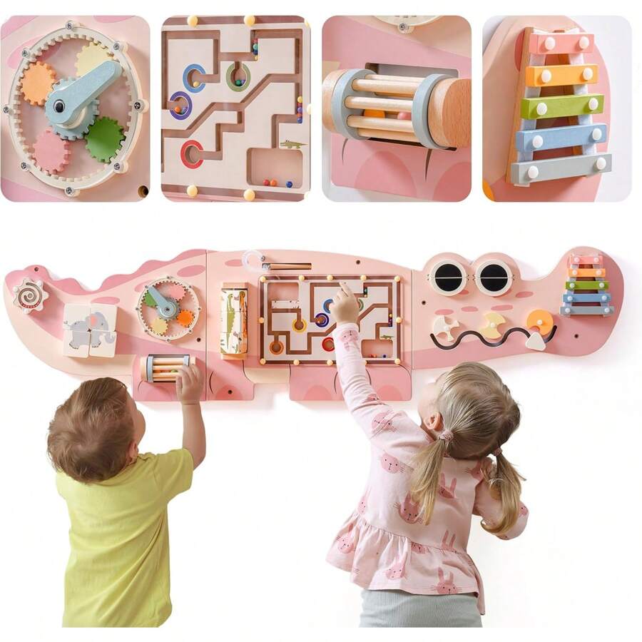 Montessori Wooden Busy Board For Toddlers - Wall Mounted Activity Center With Gears, Locks, Mazes & Sensory Toys Educational Learning Toy Gift For Boys & Girls