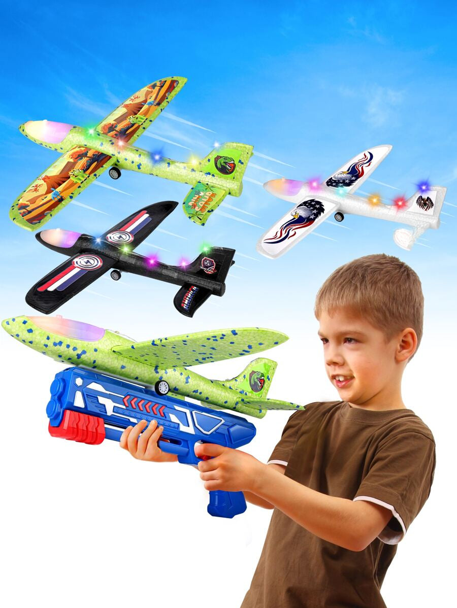 3 Pack Airplane Launcher Toy, 12.6" Foam Airplane Led Plane, 2 Flight Mode Catapult Plane Boy Toys With 3 DIY Stickers, Outdoor Flying Toys For Kids Gifts For 4 5 6 7 8 9 10 12 Year Old Boys Girls