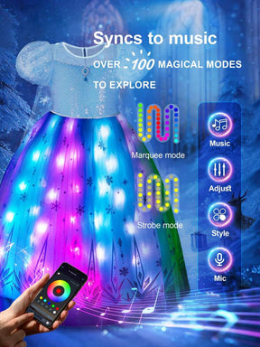 Halloween Costumes For Girls, Light Up Princess Dress With Blue Cape, Kids Party Dress, Syncs With Music, App Remote Control, With Crown, Wand, Wig, Gloves, Necklace For Halloween Cosplay Costume (Battery Not Included)